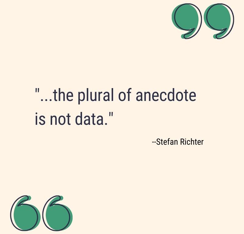 "...the plural of anecdote is not data." --Stefan Richter